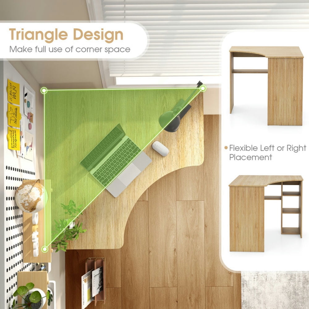 Demi Bonn Corner Computer Desk Triangle Home Office Desk with Adjustable Shelf and Arc-Shaped Profile, Beige