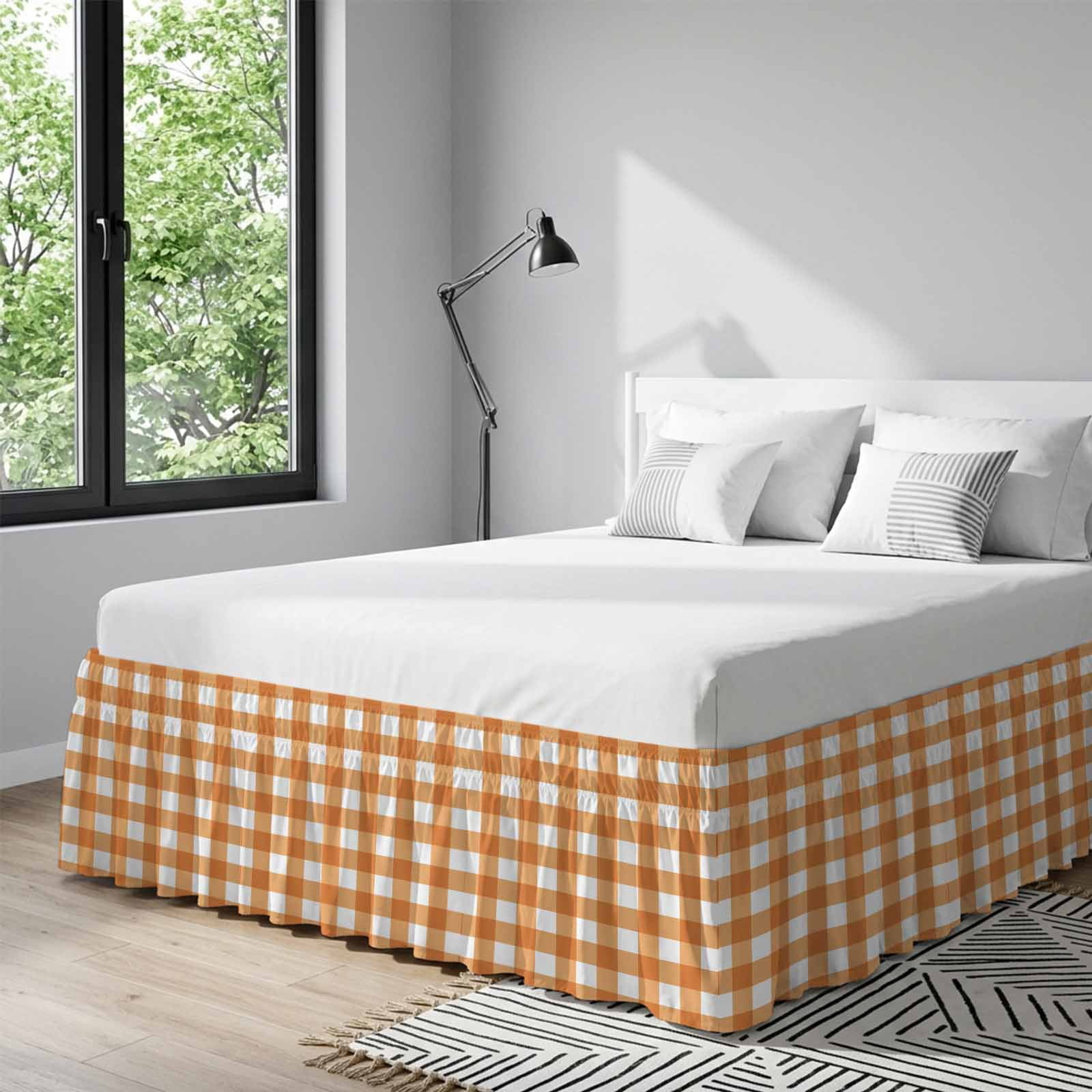 Orange Plaid Bed Skirt Queen Size, Gradient Geometric Buffalo White Checkered Wrap Around Bed Skirting with Adjustable Elastic Strap, Dust Ruffle Pleated Bedskirts 18 Inch Drop for Bedroom Queen Beds