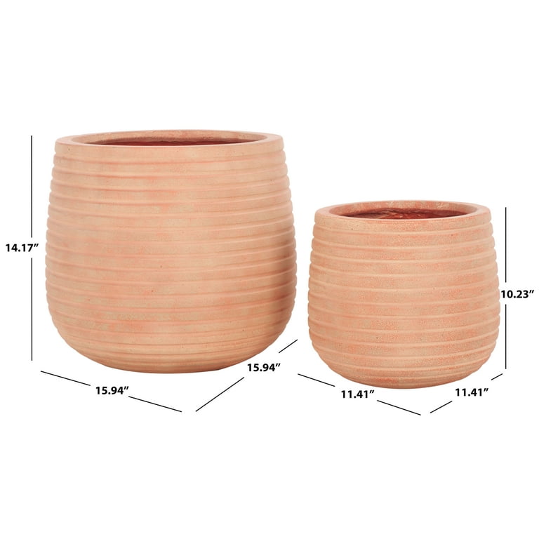 Cylinder Cement Planters on Wooden Stands, Set of 2, Terracotta Cylinder Cement Planters on Wooden Stands, Set of 2, Terracotta