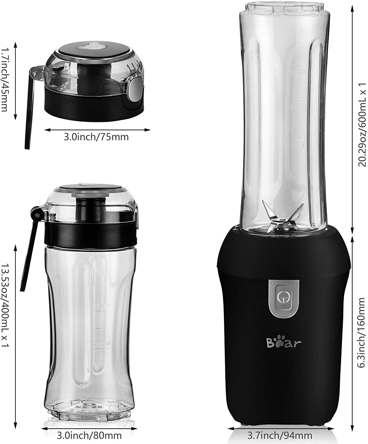 Personal Size Blenders Bear, Portable Small Travel Blenders for Shakes and  Smoothies, Mini Smoothies Blenders for Kitchen with 1 x 13.5oz Cup, 1x  20.3oz Cup and Lids, 300W, Black 