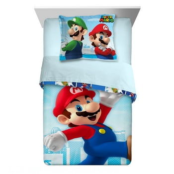 Super Mario Kids Twin Comforter and Sham, 2-Piece Set, Gaming Bedding, Reversible, Blue