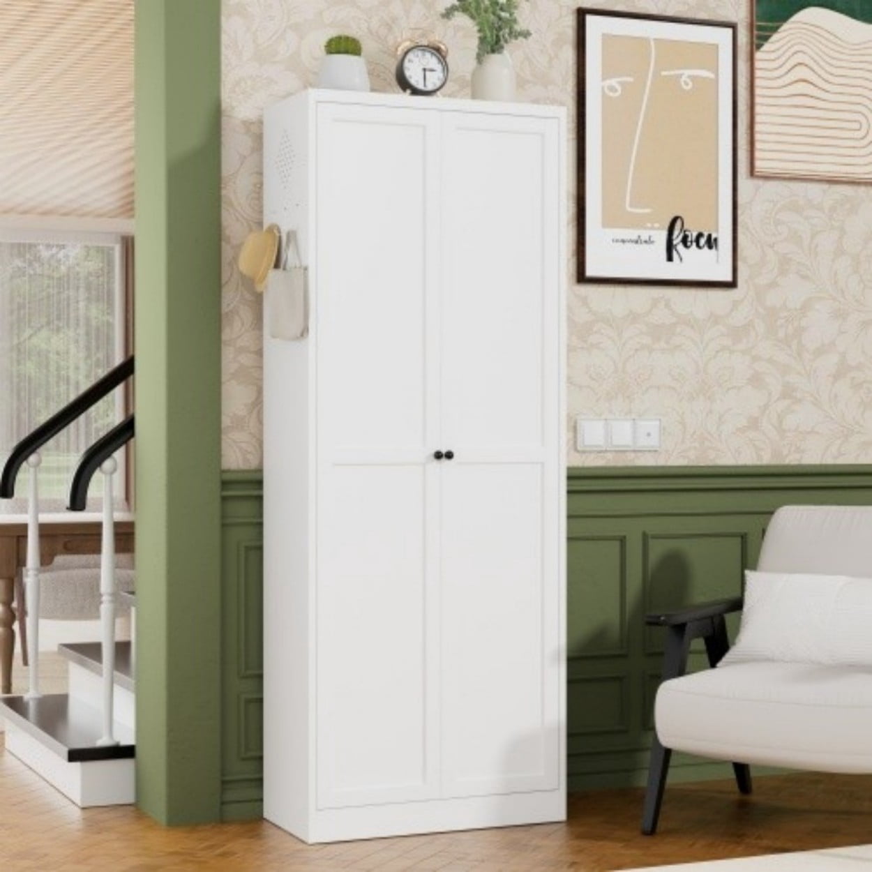 72" White Metal Kitchen Pantry Cabinet with Doors, Heavy Duty Freestanding Storage Organizer, 5 Adjustable Shelves, Tool-Free Assembly Cabinet for Kitchen Bathroom Pantry, White