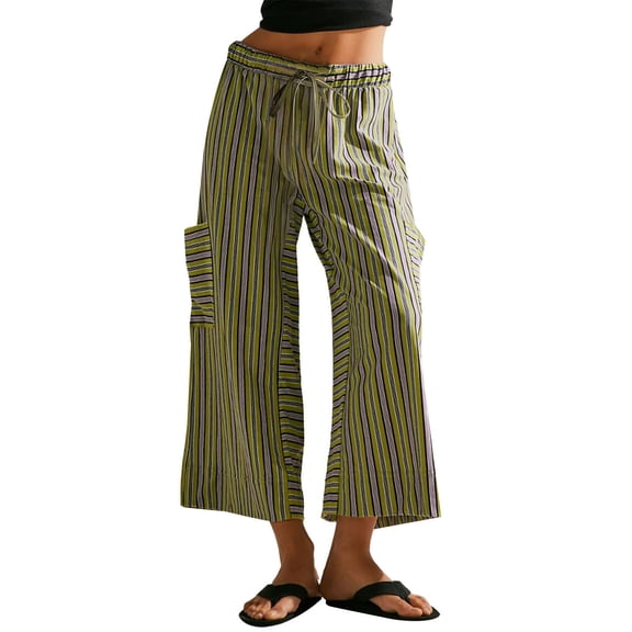 yunLCZ Womens Dress Pants Women Drawstring Striped Pants Loose Wide Leg Pants Casual Palazzo Pants Trousers With Pockets
