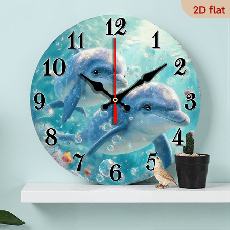 2D Flat 1pc 10Inch Silent Non Ticking Wooden Wall Clock Dolphin Underwater Scene with Dolphins, Battery Powered (AA Not Included) Ocean Themed Decor for Living Room, Bedroom, Office Perfect Marine