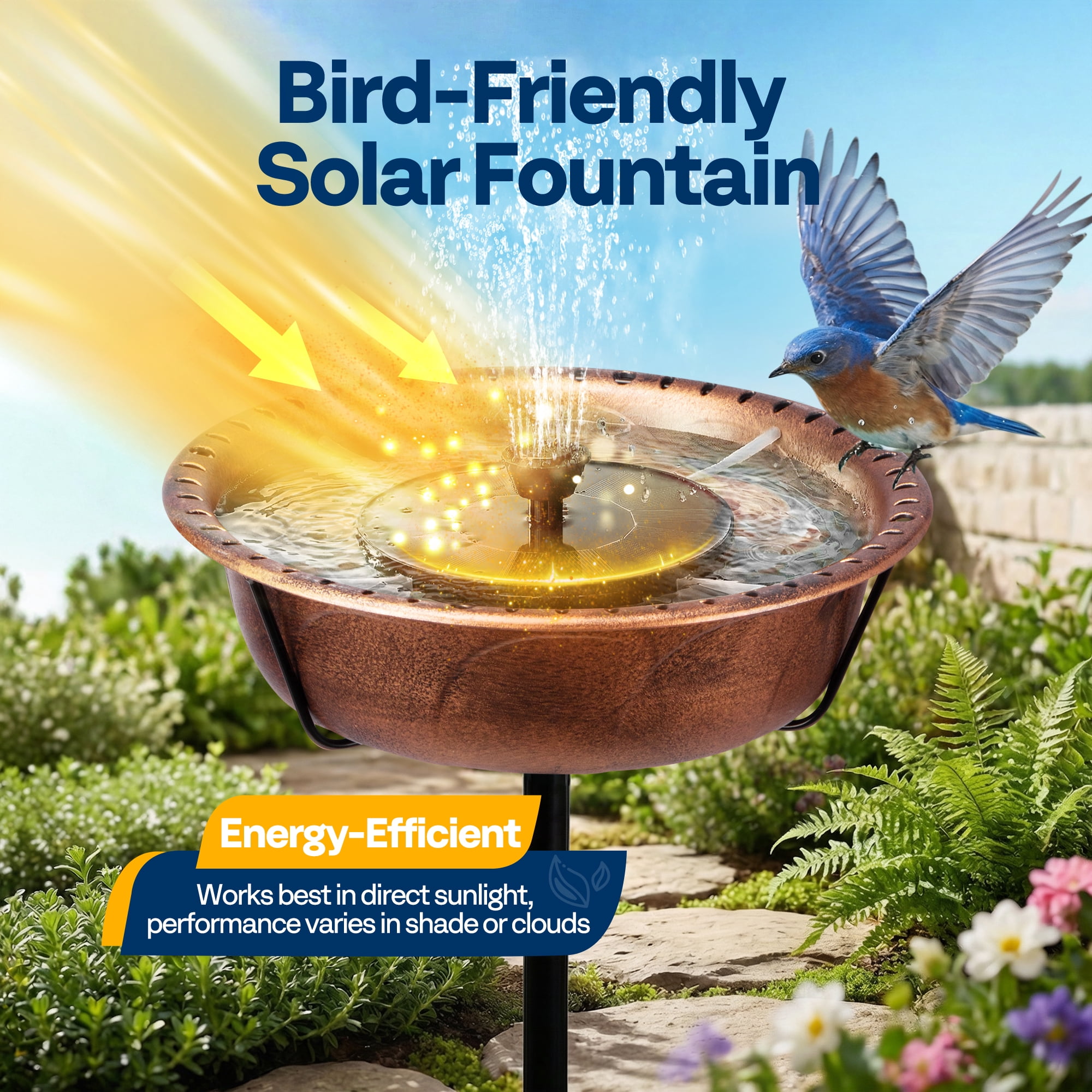 SPECSTAR Bird Bath with Solar Fountain for Outside, Weather-Resistant ABS Birdbath Bowl with Solar Powered Pump, Metal Ground Stake for Outdoor, Garden, 1.45 Gallons, Bronze