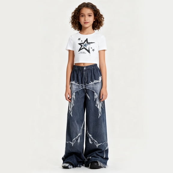 RTKFRFLM Girls 2-Piece Trendy Denim Set Star Print Slim Fit Short Sleeve Top and Distressed Ripped Jeans Casual Stylish Outfits for Big Girls Ages 7-11 Years Clothes