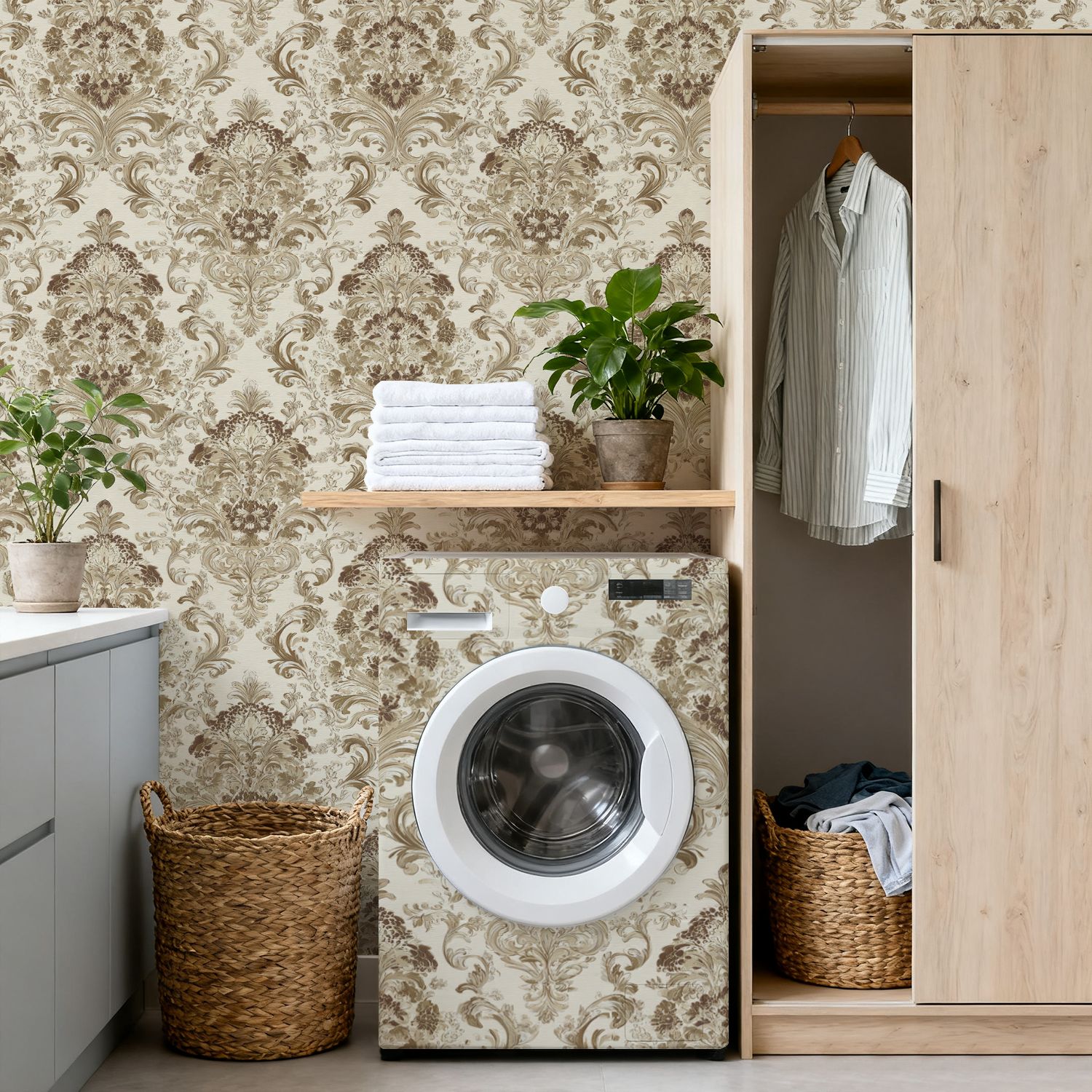 Vintage Peel and Stick Wallpaper 17.7in x 9.8ft Elegant Baroque Floral Damask Earth Tones Contact Paper Vinyl Waterproof Self Adhesive Wall Paper for Bedroom Shelf Cabinet Renter Friendly