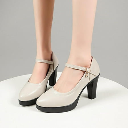 Miluxas Womens Chunky High Heels Clearance Closed Pointed Toe Ankle Strap Pumps Vintage Dress Party Shoes White 6.5(38)
