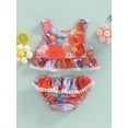 thumbnail image 2 of Toddler Girls Summer Bikini Set, Floral Print Sleeveless Crew Neck A-Line Tank Tops + Ruffle Triangle Shorts Swimsuit, 2 of 8