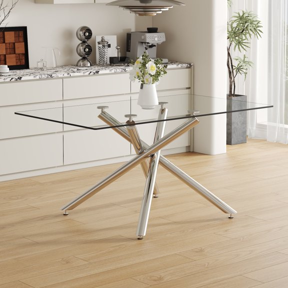 Hassch 63 Inch Large Dining Table for 6-8, Modern Rectangular Dinette Table with Clear Tempered Glass Desktop and Silver Crossed Metal Legs, for Kitchen Dining Living Meeting Room Banquet Hall