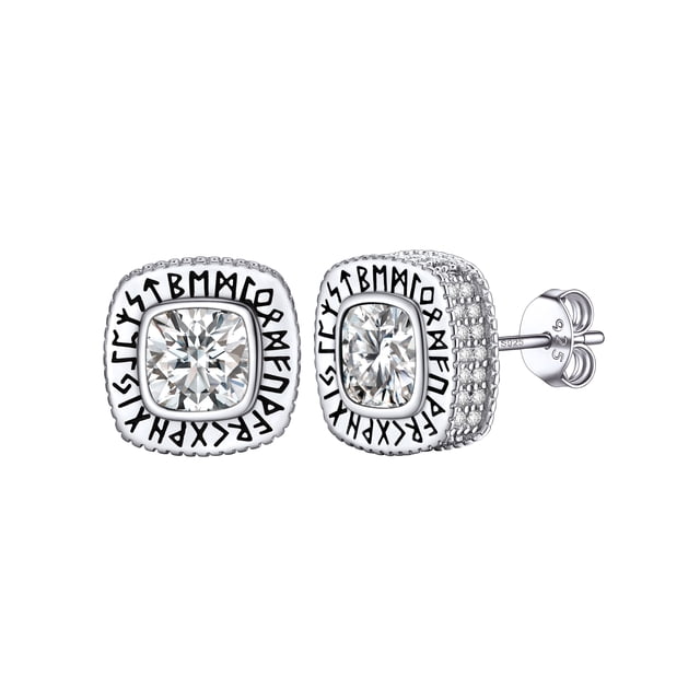 Pendiente de botón PROSTEEL Hombre Runas vikingas Piedra de nacimiento plata esterlina Abril Diamante cuadrado Hip Pop Punk Zirconia cúbica regalo joyería