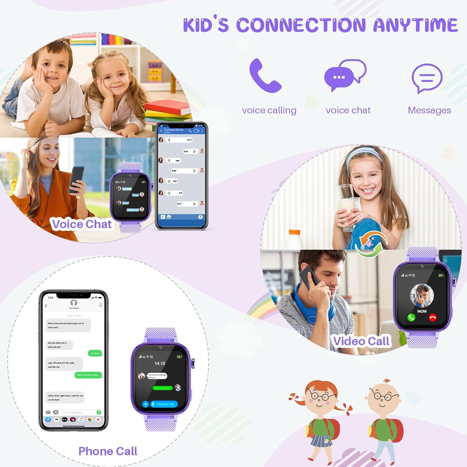 SHANNA 4G Kids Smart Watch GPS Tracker - Smartwatch with 2-Way Call Video Calling Voice Chat SOS Class Mode Pedometer Puzzle Games Wi-Fi Touch Screen Alarm Clock Smartwatches for Boys Girl, Purple