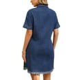 thumbnail image 3 of INSPIRE CHIC Women's Denim Button Front Frayed Hem Collared Short Sleeve Midi Dresses S Dark Blue, 3 of 6