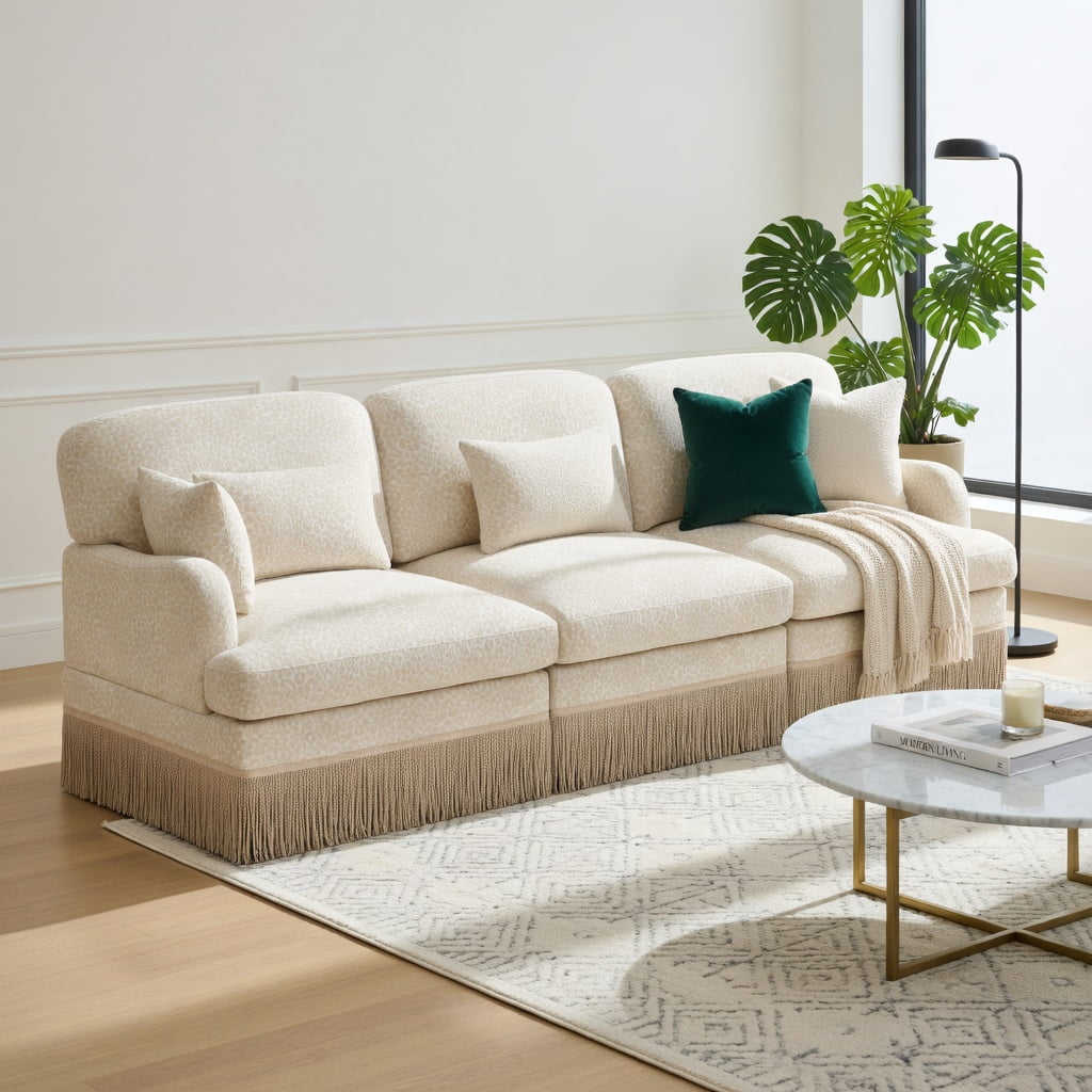 Hommoo 100" Leopard Print Chenille 3-Seat Modular Sectional Sofa, Tassel-Trimmed, Ergonomic Deep Seat Design, Easy Assembly Living Room Couch, Beige