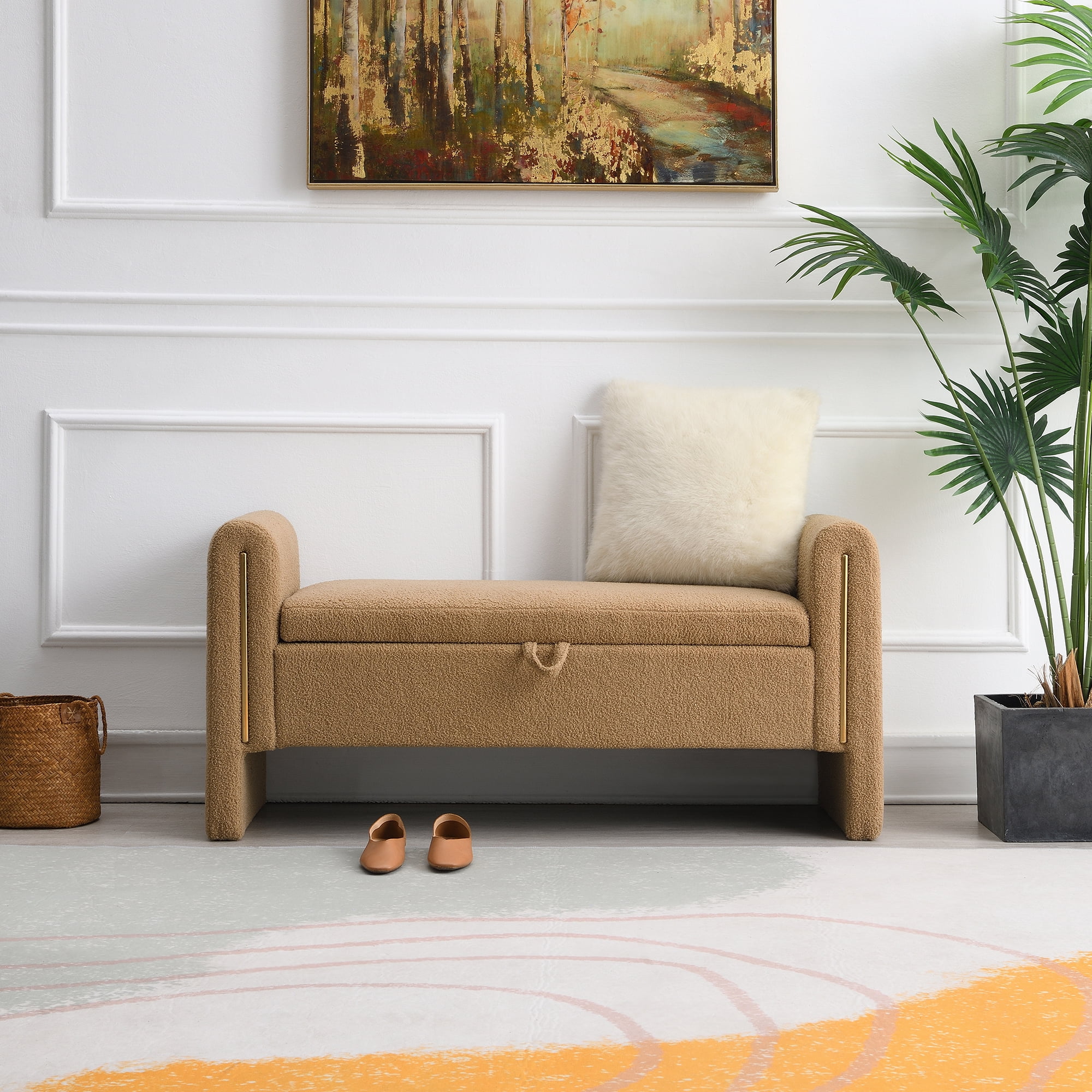 Miniyam Modern Teddy Fabric Upholstered Bed End Bench with Arms and Storage, for Living Room,Bedroom, Coffee