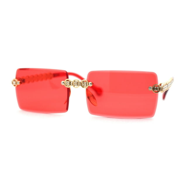 Heavy Rhinestone Chain Jewel Rimless OG Rapper Sunglasses Gold Red