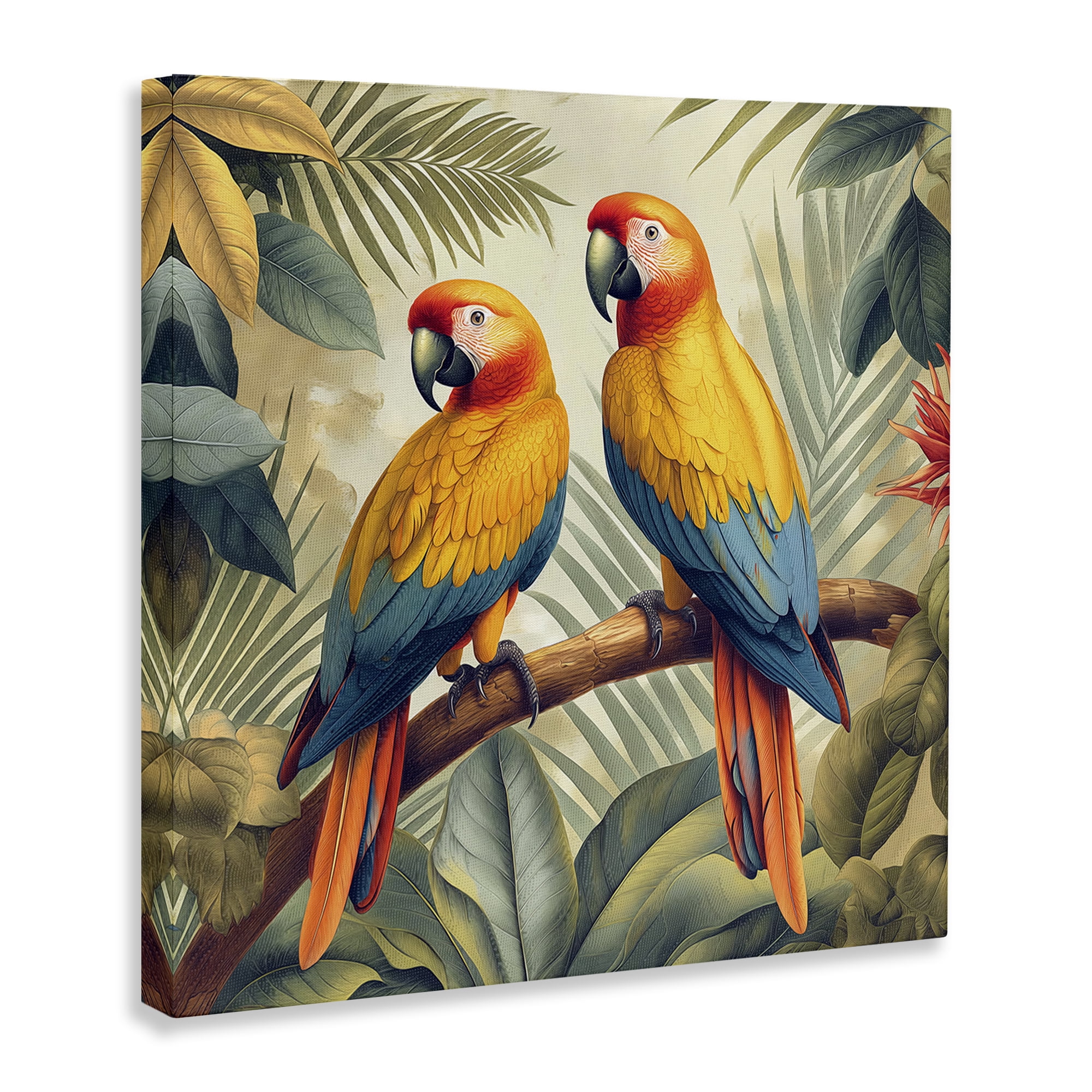 Stupell Industries Parrot Duo on Branch Animals Painting Wrapped Canvas Art Print Wall Art, 36 x 36