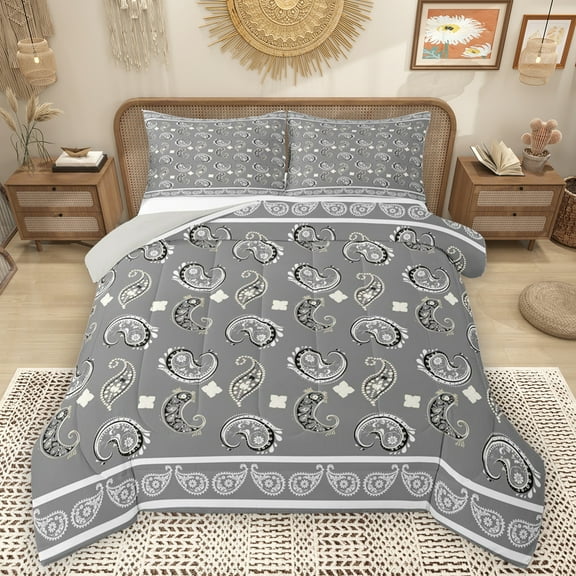 Homewish Paisley Floral Bedding Comforter Set,Vintage Boho Flower Twin Comforter Sets,Gray White Bedding Set For Adults,Breathable Home Decor Reversible,2-Piece