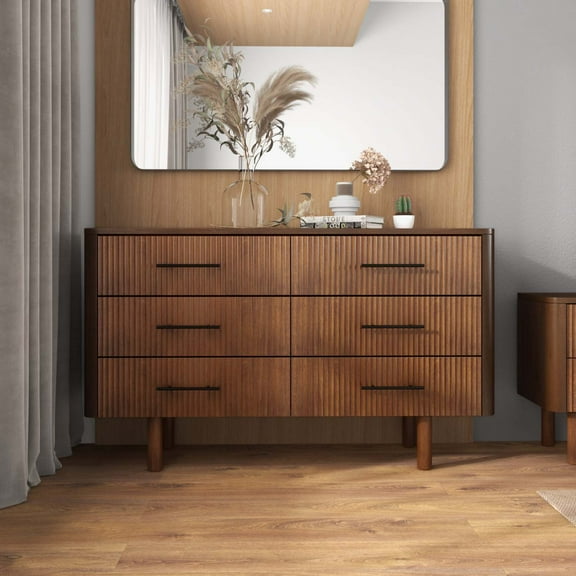 Miekor Furniture Logan Mid Century Modern Walnut Dresser with 6 Drawers for Ample Storage in Solid Wood 33.1"H x 55.9"W x 17.7"D 33268