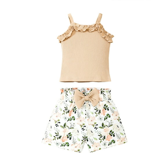 KIMI BEAR 2T Toddler Girls Outfit Sets 3T Toddler Girls Summer Clothes Off-the-shoulder Sleeveless Top Ruffle Solid Color Top Floral Shorts 2pcs Clothing Khaki
