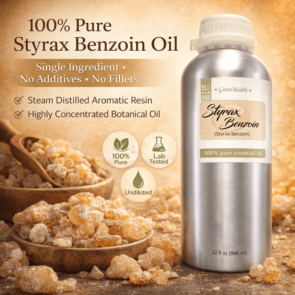 GreenHealth Styrax Benzoin Essential Oil – 32 fl oz | 100% Pure & Natural | Aluminum Bottle with Locking Cap | for DIY Perfume Blends, Candles, Soap Making & Wax Melts