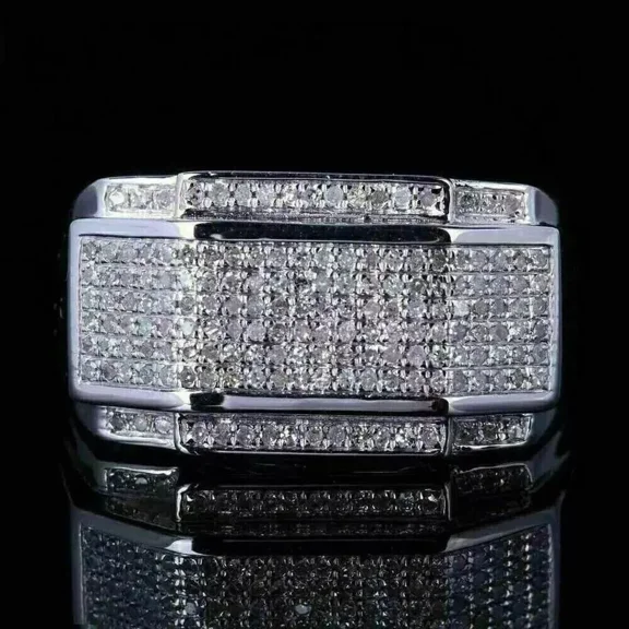 Round Cut Lab-Created Diamond Cluster Men's Wedding Engagement Ring Solid 925 Sterling Silver