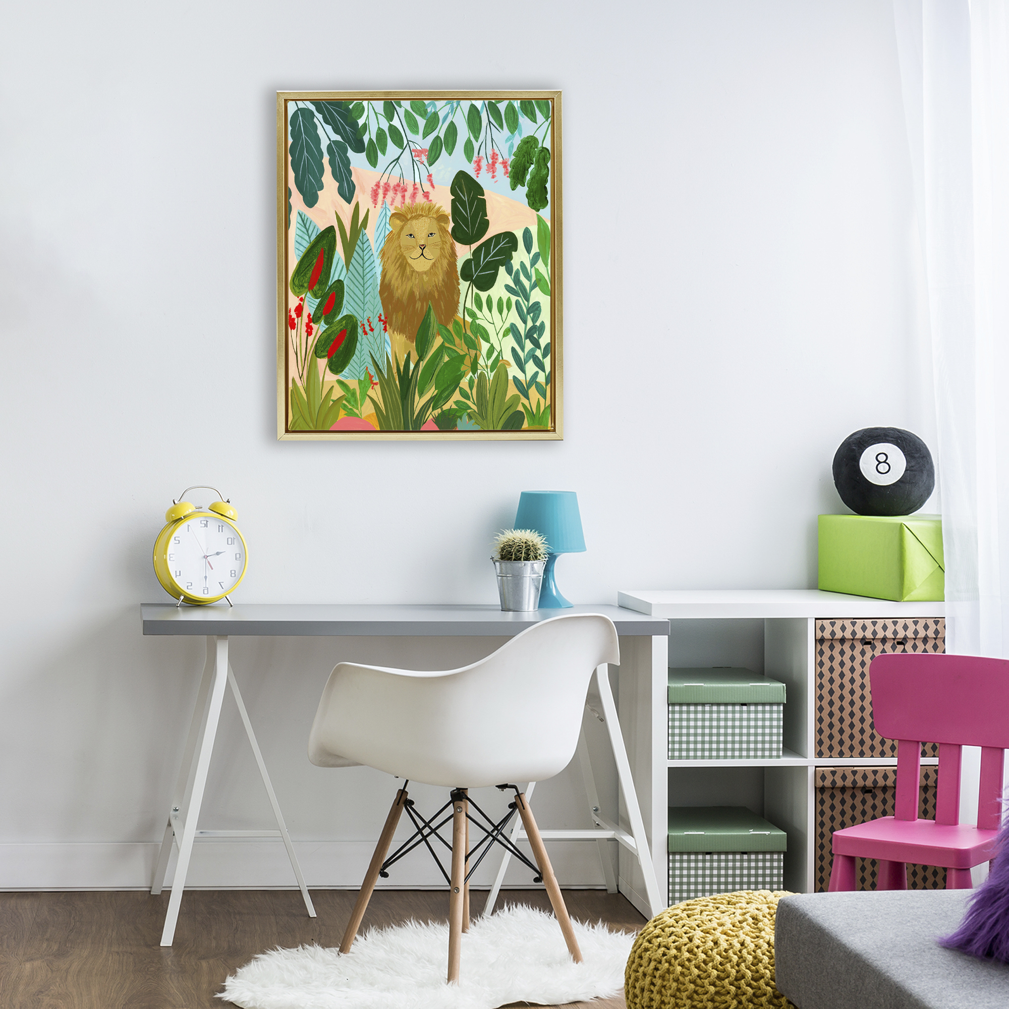 Stoic Lion Tropical Forest Gold Framed Floater Canvas Wall Art, design by Nabeela Rumi
