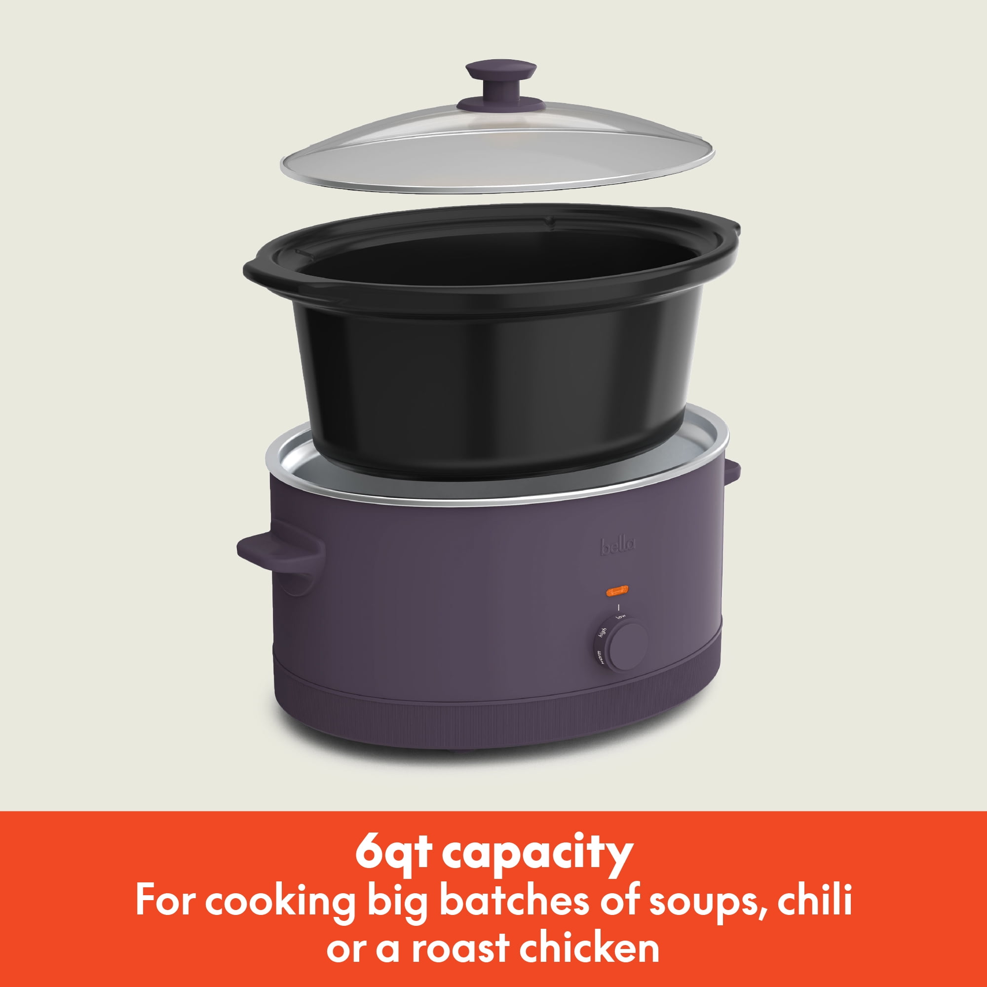 bella 6 Qt Manual Slow Cooker with 3 Temperature Settings, Ceramic Nonstick Coating, Dishwasher Safe Stoneware Pot & Tempered Glass Lid, Plum