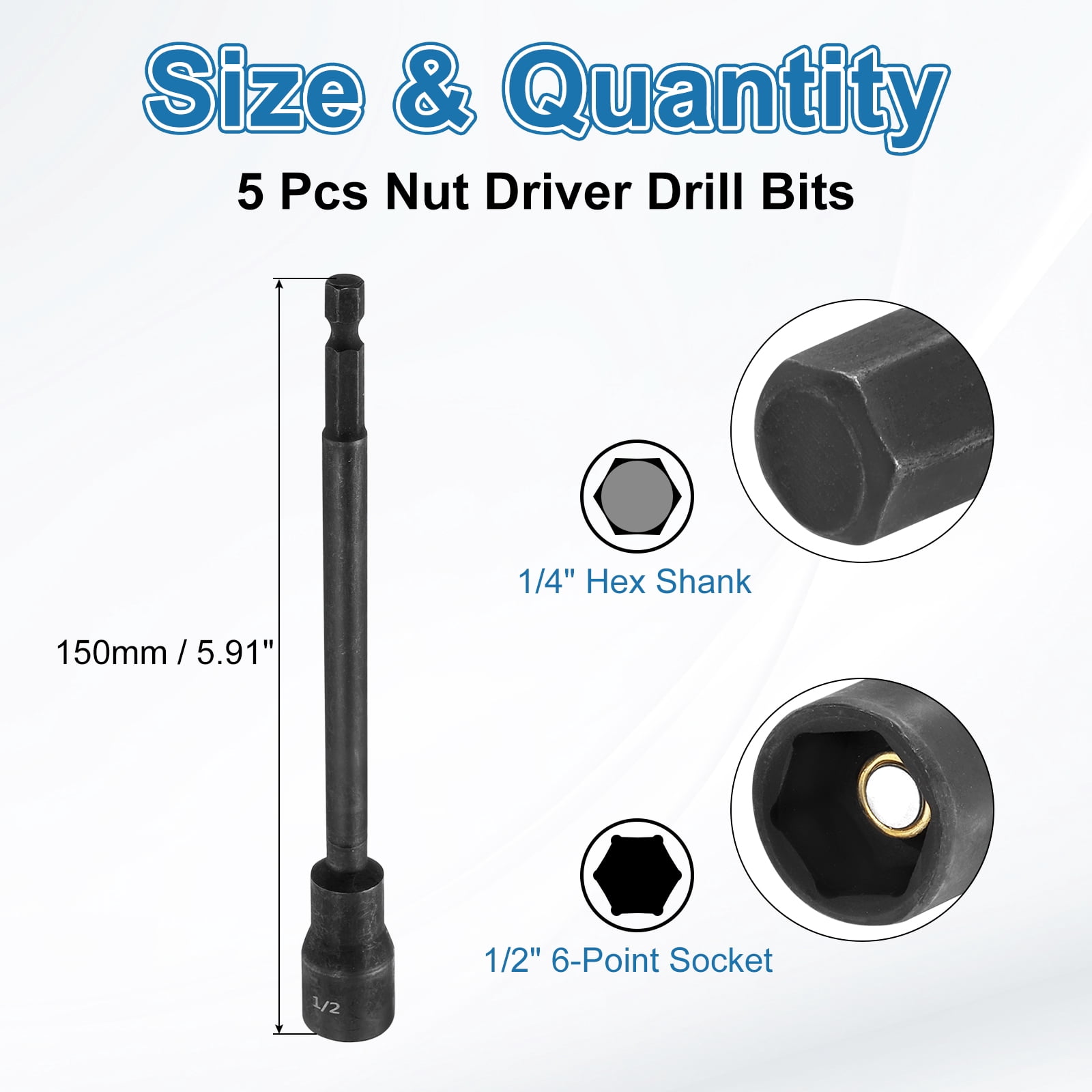 Uxcell 5pcs Hex Nut Driver Drill Bit 1/2" 6-Point Socket 1/4" Hex Shank Magnetic Setter CR-V Steel Bolt Sockets for Power Drills Impact Drivers, 5.91" (150mm) Long