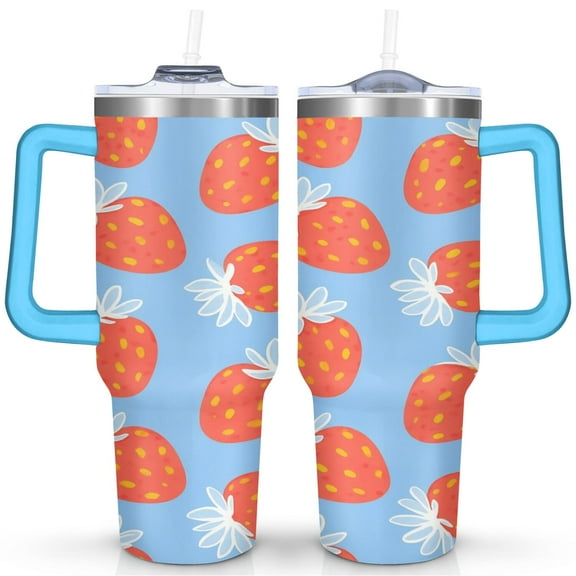 Tumbler with Handle and Straws 40 oz Stainless Steel Strawberry Travel Cup Birthday Present for Women Girls Daughter Mom Gifts for Him/Her Water Bottle