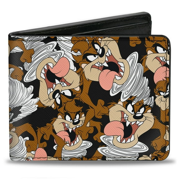 Looney Tunes Wallet, Bifold, Tasmanian Devil Vortex Poses Scattered Black, Vegan Leather