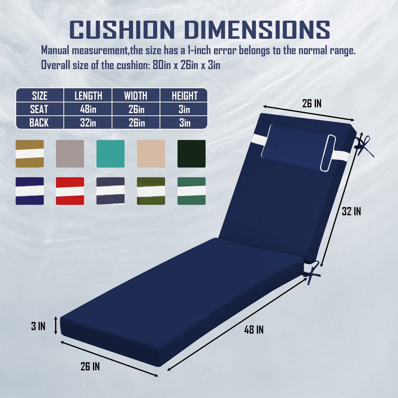 Outdoor Chaise Lounge Cushion with Adjustable Headrest and Straps