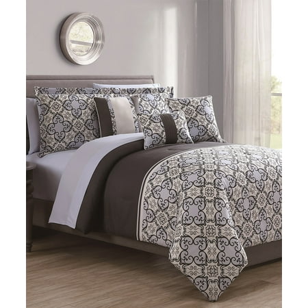 10pc Comforter Set Lavander Grey Brown Bedding Duvet Cover King