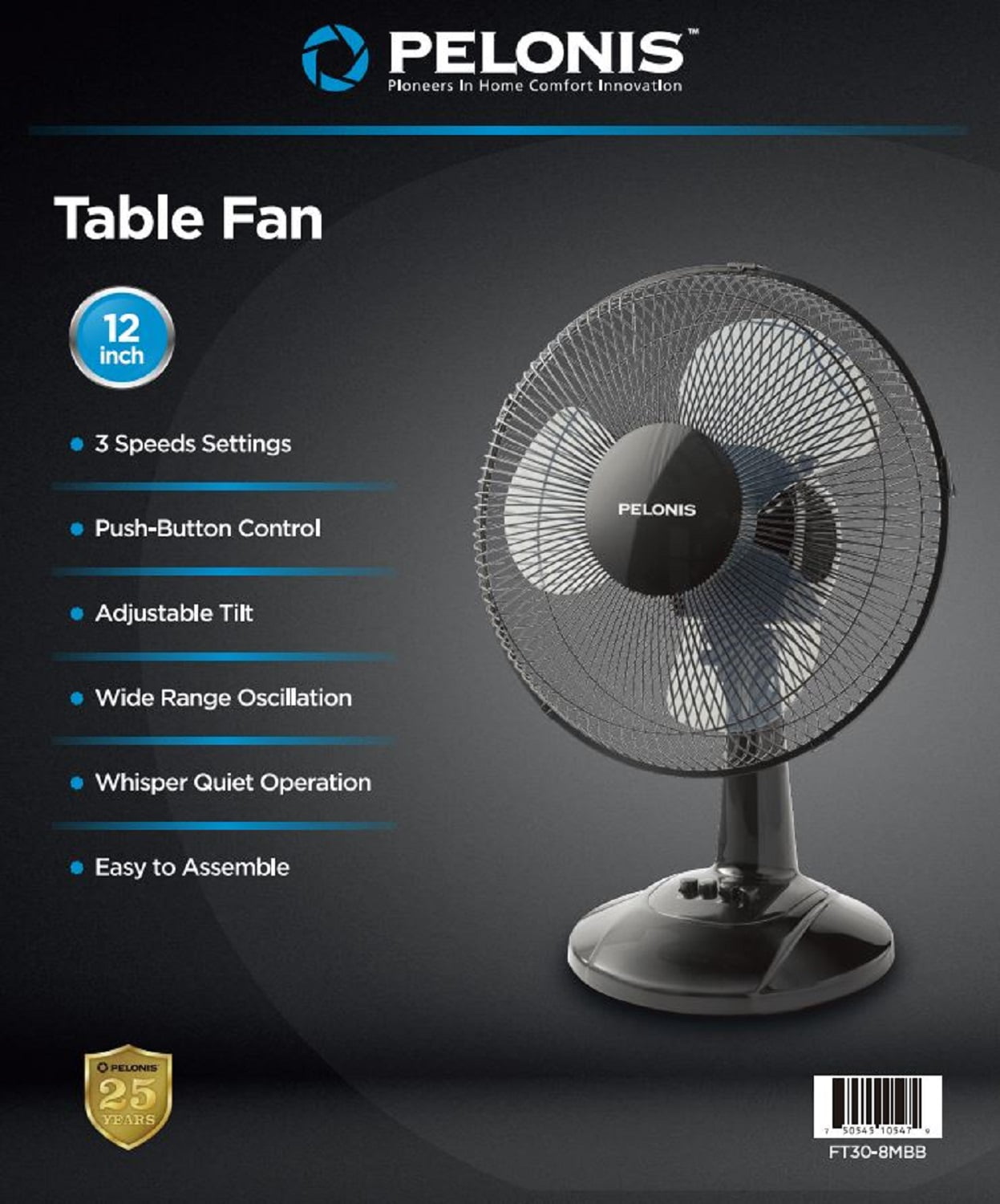 Pelonis 12" 3-Speed Oscillating Table Fan, FT30-8MBB, Black