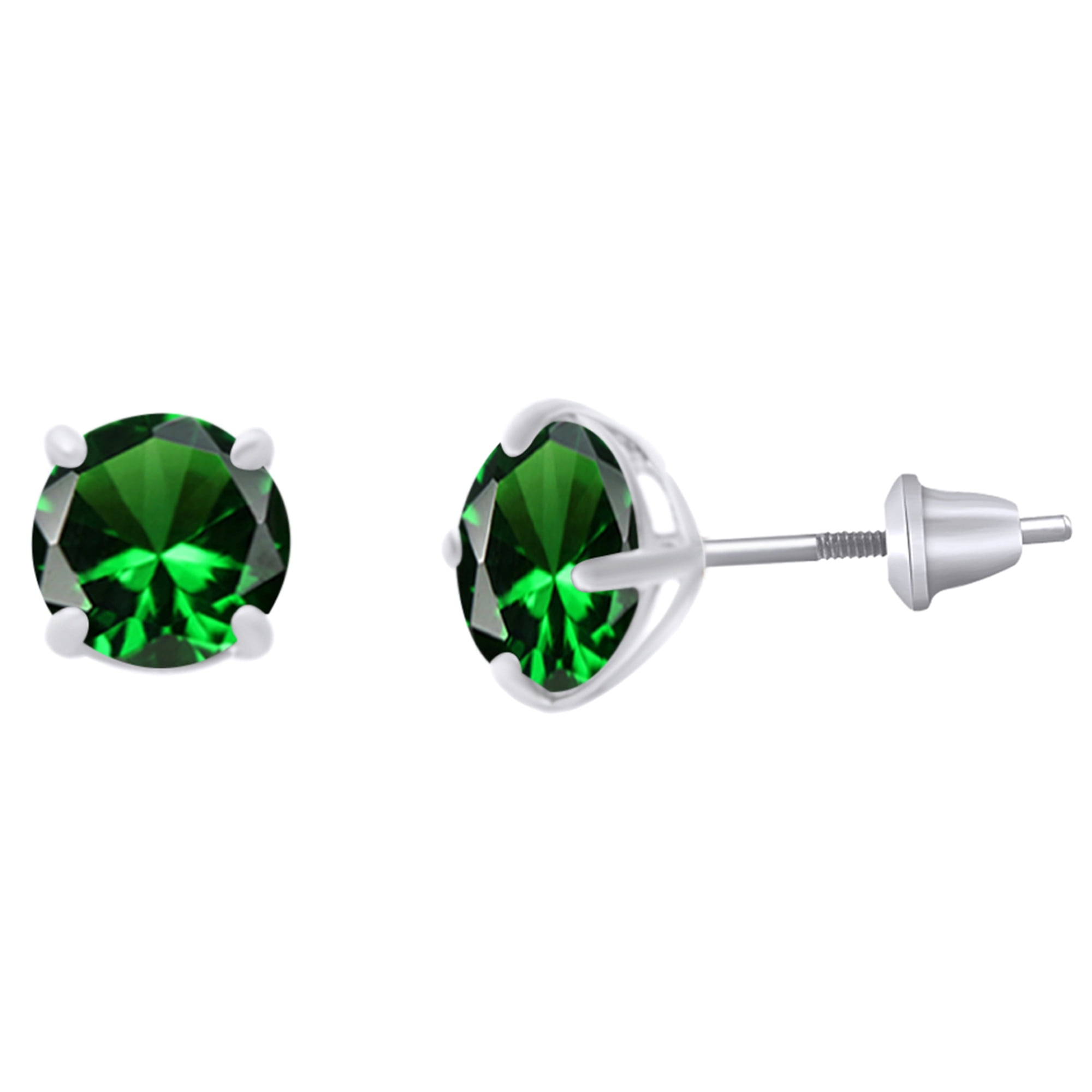Round Cut Simulated Green Emerald Baby/Children's Stud Earrings 14k White Gold