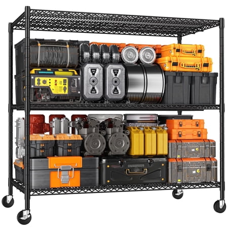 REIBII 1500 lbs Heavy Duty Metal Shelving Unit with 3 Wheels 59 W x 23.6 D x 60 H 3-Tier Commercial Grade Garage Storage Rack Black