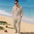 thumbnail image 2 of Mens 2 Piece Linen Outfits Long Sleeve Button Down Shirts And Loose Pant Set Summer Beach Outfits with Pockets Summer Beach Yoga Matching Outfits Beige L, 2 of 7