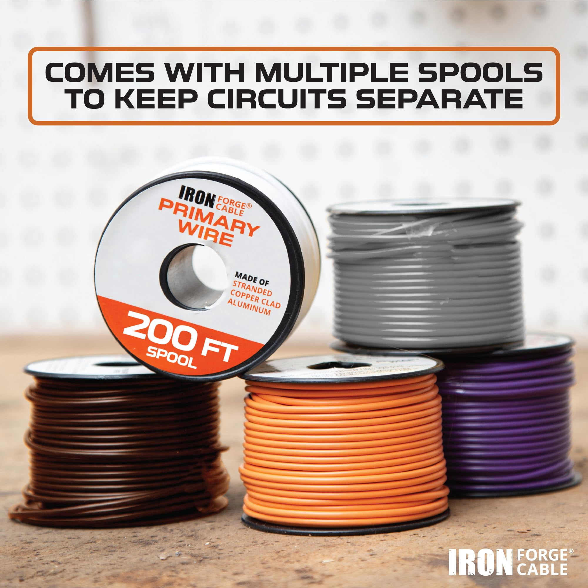 Iron Forge Cable 12 Gauge Primary Automotive Wire - 5 Roll Assortment Pack - 200 Ft of Copper Clad Aluminum Wire per Roll - for Home or Automotive