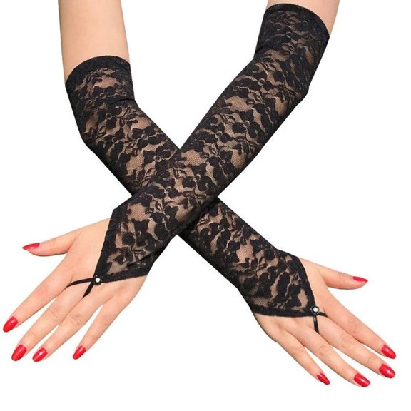 TELOLY Women'S Gloves Protection Long Lace Gloves Fingerless Elbow Length Lace Gloves for Party Long Lace Gloves Women,Adult Size-Black,1 Pair