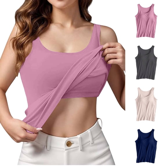 Only Moment Women Built-In Bra Tank Tops Crew Neck Sleeveless Casual Shirts Racerback Ribbed Fitted Tank Tops Dark Purple,L
