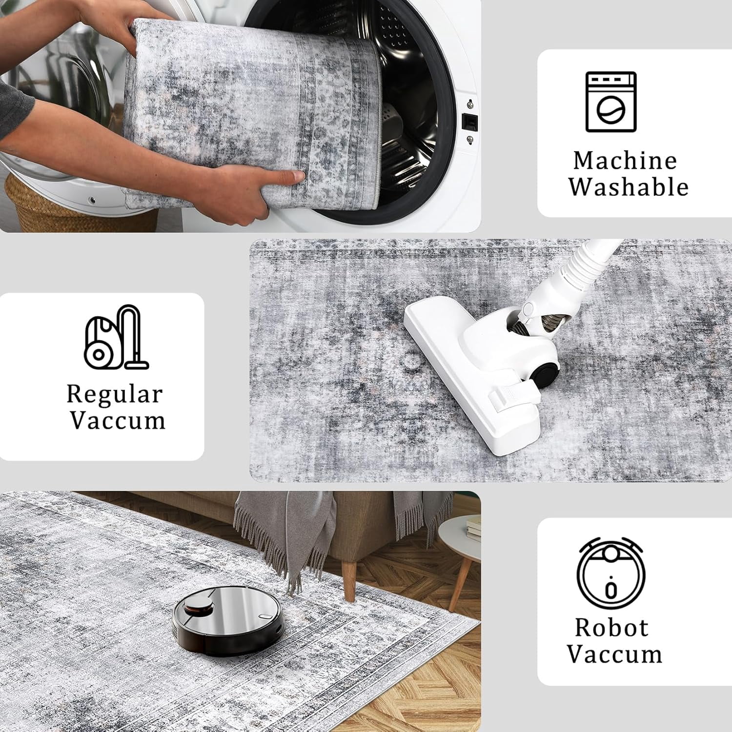 4x6 Bedroom Machine Washable Soft Dining Room Non Slip Vintage Indoor Throw Floor Carpet Medallion Distressed Area Rug for Under Table Home Office, Grey