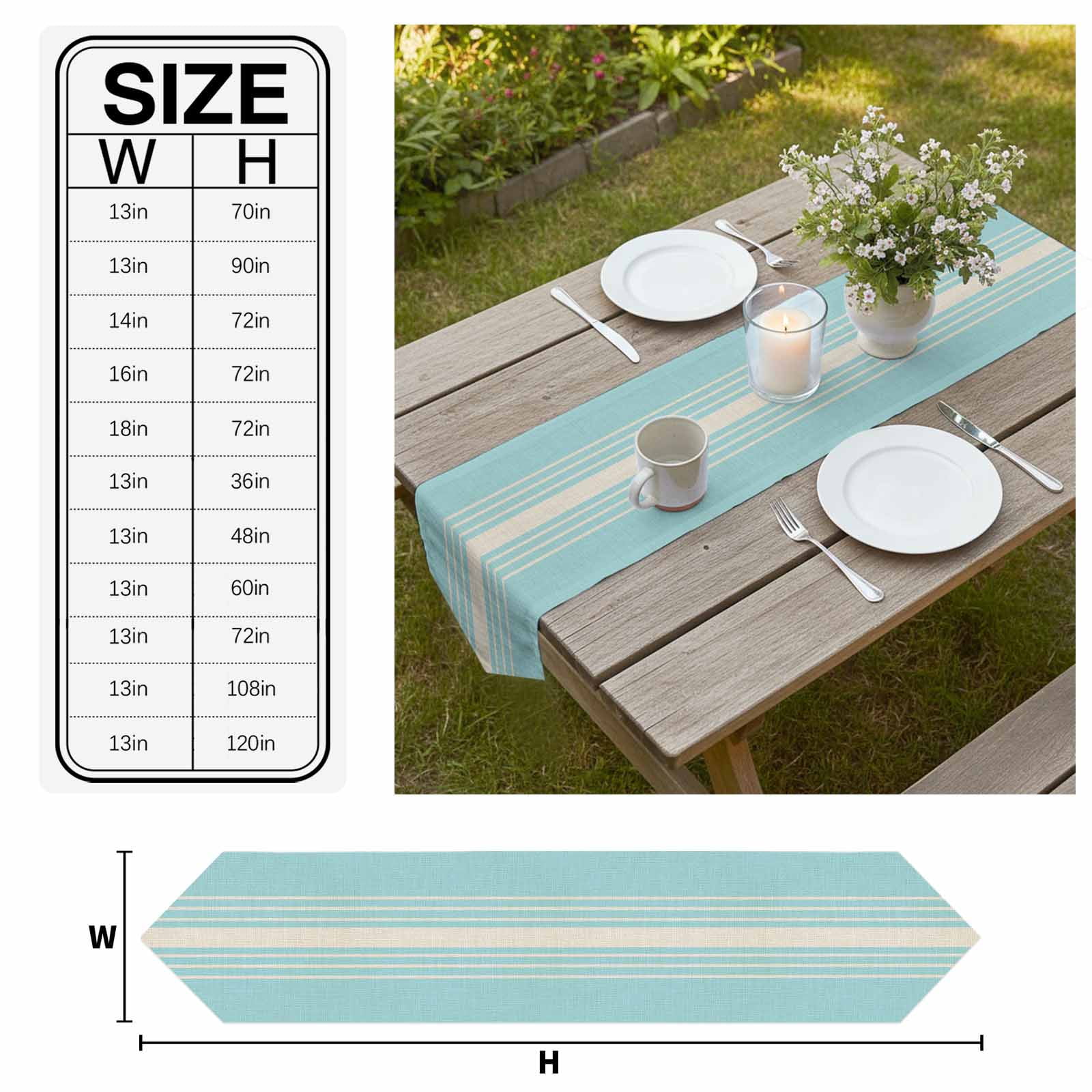 Aqua Beige Striped Table Runner Linen Burlap Table Runner 48 Inches Long Modern Farmhouse Retro Lines Dresser Scarves for Kitchen Island Coffee Dining Room Party Holiday Decoration 13"x48"