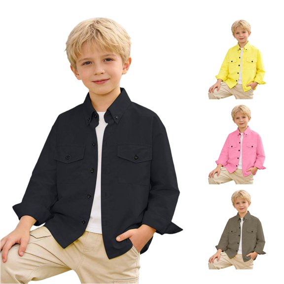 SUXIAN Boys Shirts Solid Long Sleeve Double Pocket Workwear Lapel Collar Button Down Classic Style Toddler Boy Shirt Black 5-6 Years