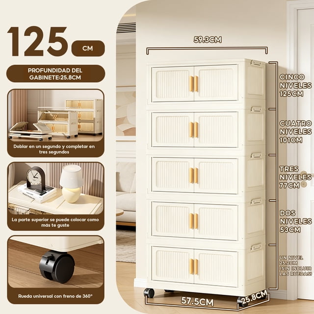 5 Cajas de Almacenamiento Plegables con 5 Niveles, Ruedas Silenciosas, Puerta Magnética, Organizadores Apilables de ABS de 50X25X120 Cm, Cajas de Organización Removibles para Dormitorio