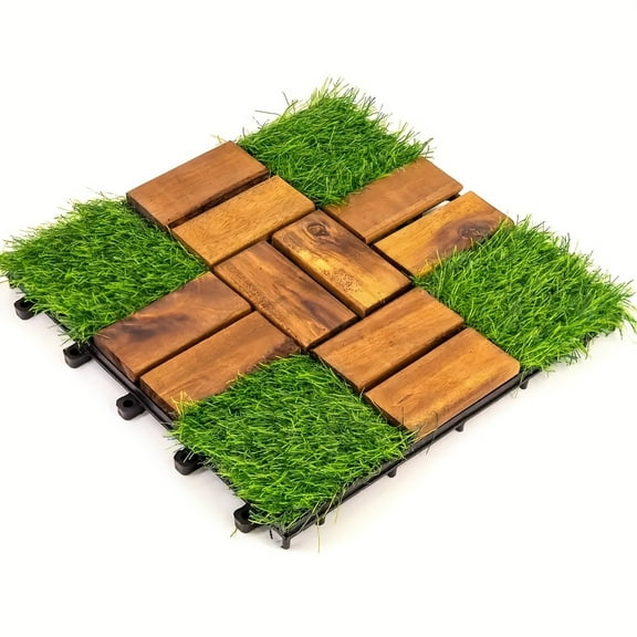 10/20pcs Deck Tiles Wood Mixed Grass, Acacia Wood Interlocking Flooring, 12 X 12 In, Square Combo Flooring For Backyard, Garden, Outdoors