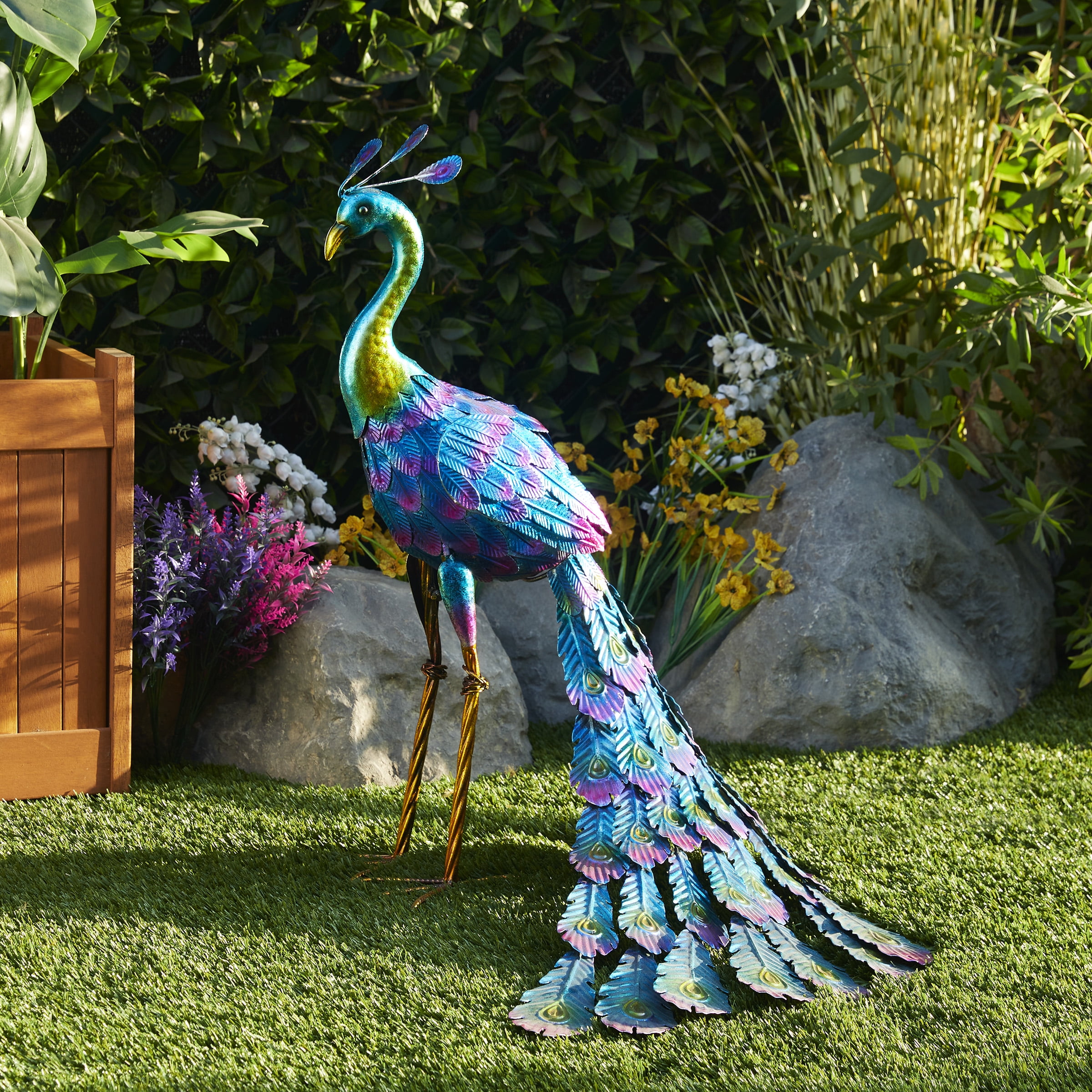 Peacock Fan Tailed Garden Ornament HAND PAINTED Figurine Statue Patio Lawn Metal 