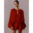 thumbnail image 5 of Elegant Ruffle Short Dress for Women Pleated Lantern Long Sleeve Lace Up Tie Waist Bohemian Beach Dresses Wine Red M, 5 of 8