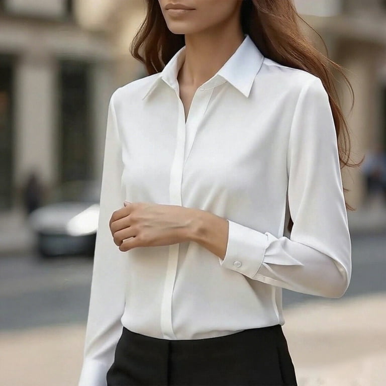 Stamzod Button Down Shirts for Women Solid Color Long Sleeve Dress Shirts Business Casual Tops for Women White-2 XL, Women's