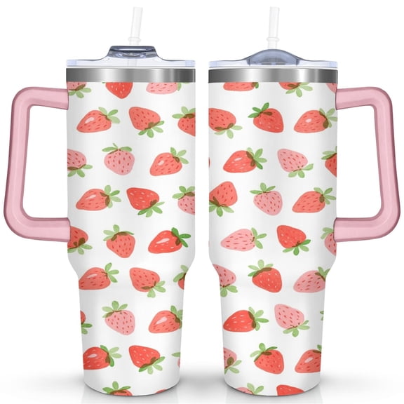 Strawberry Fruit 40 Oz Tumbler with Handle Lid and Straw, Stainless Steel Double Walled Vacuum Insulated Cup, Cute Anniversary Wedding Birthday Gifts Tumbler for Women Men Friends Outdoor Indoor
