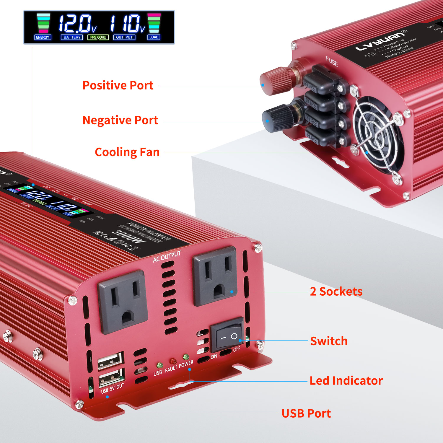 LVYUAN 1000W 2000W Modified Sine Wave Peak Power Inverter, 12V DC to 110V AC Car Inverter with Dual USB & AC Outlets, LCD Display, Black for RV, Truck, Camping, Travel (Inversor de Energa para Auto)
